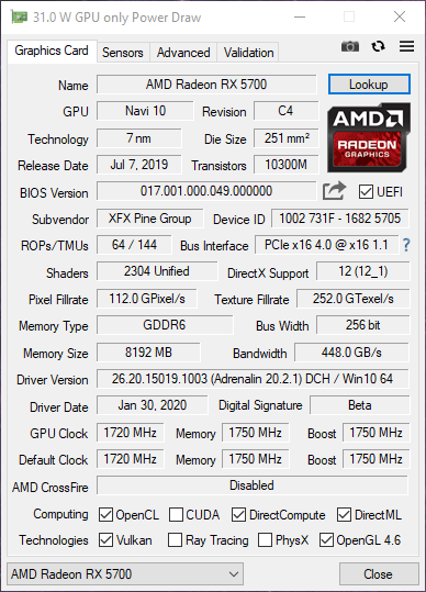 XFX RX 5700 DD ULTRA dettagli GPUZ