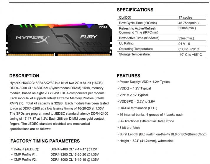 kingston hyperx fury ddr4 rgb 32 gb 3200 mhz cl16