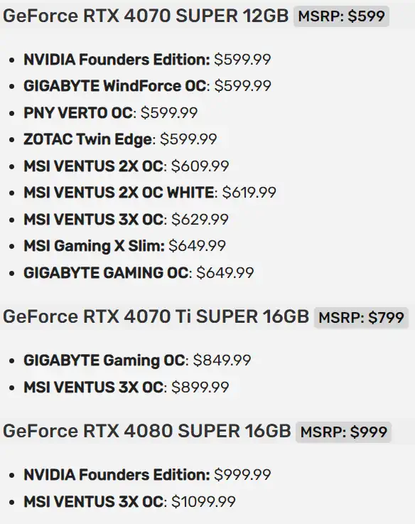 rtx 4070super price rtx 4070tisuper price rtx 4080super price