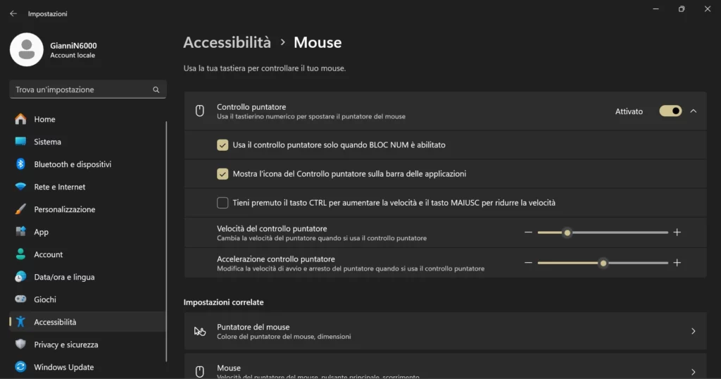 impostazioni accessibilità mouse puntatore mouse