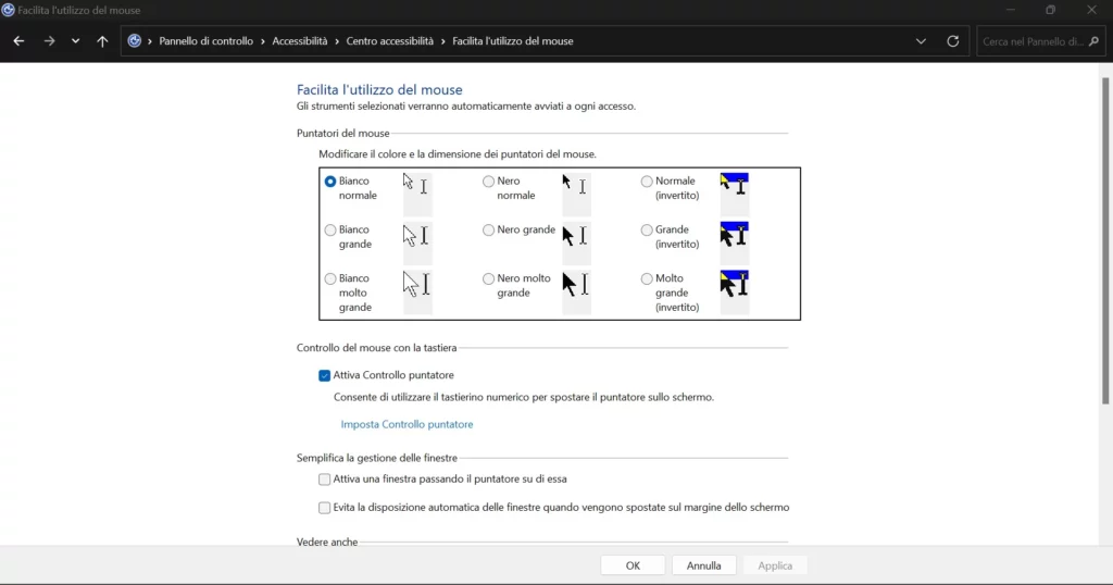 pannello controllo accessibilità mouse puntatore mouse
