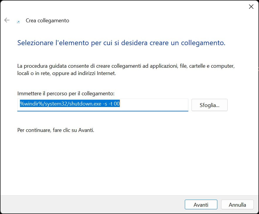 collegamento desktop spegnimento pc