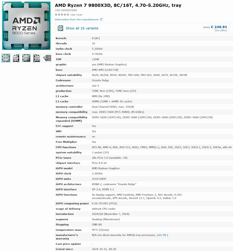 amd ryzen 9800x3d specs