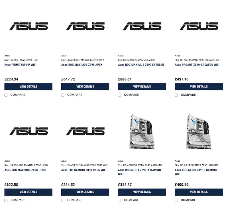 elenco mainboard asus z890 presso uno store inglese